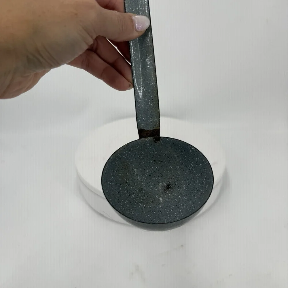 Vtg Gray Speckled Graniteware Enamel Ladle Long Hook Handle Primitive Kitchen